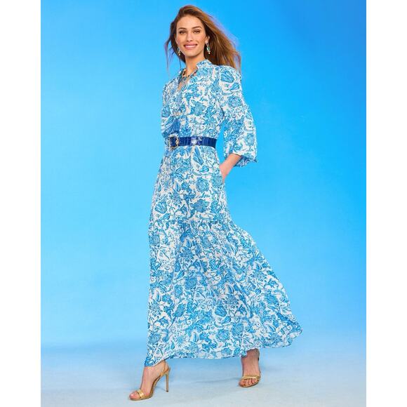 Nicoblu Waverly Maxi Blue White Floral Boho Dress Size M Viscose Flowy Pockets - Picture 1 of 14
